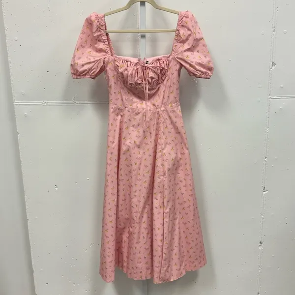 House of CB Pink Floral Puff Sleeve Midi Dress Front Slit Cottagecore Medium - Image 2