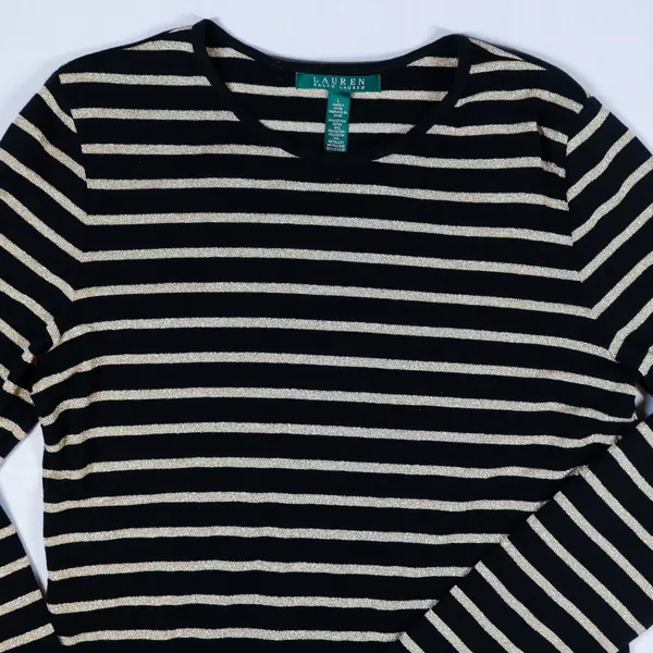 Lauren‎ Ralph Lauren Top Womens Large Black Gold Metallic Striped Long Sleeve L - Image 10