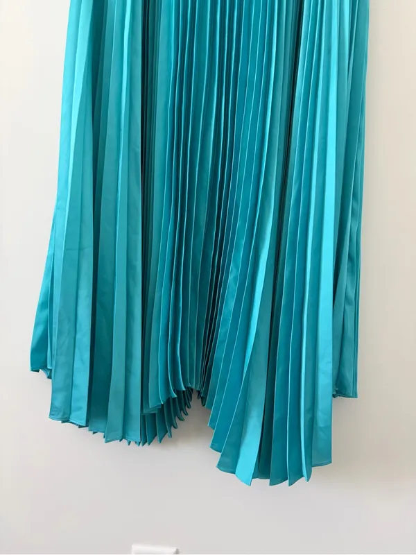 Alice + Olivia Joleen V Neck Pleated Skirt Handkerchief Midi Dress Teal Blue 4 - Image 3