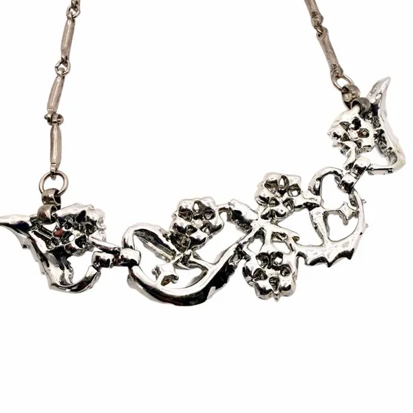 Vintage Blue Rhinestone Floral Leaf Statement Necklace Silver - Image 9