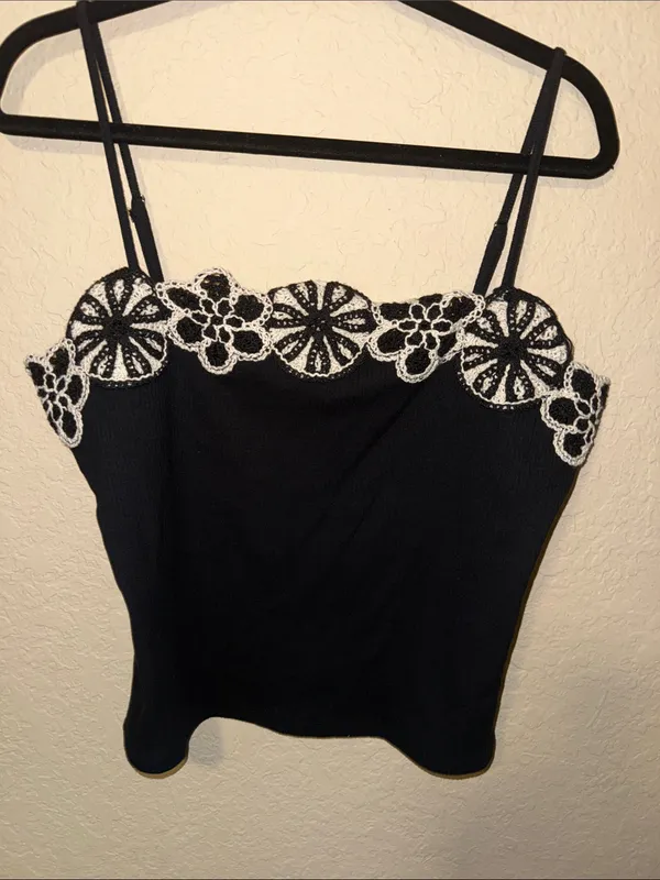 J. Crew Black Camisole with White Lace Floral Trim nwt large - Image 2