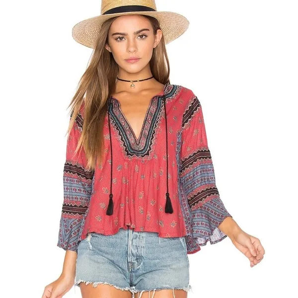 Free People But I Like It Top Blouse‎ Womens Small Red Boho Hippie Whimsy Beach - Image 2