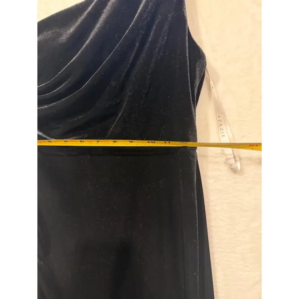 Azazie Black Velvet One Shoulder Maxi Dress Gown‎ Women Size A8 Ruched Formal - Image 4