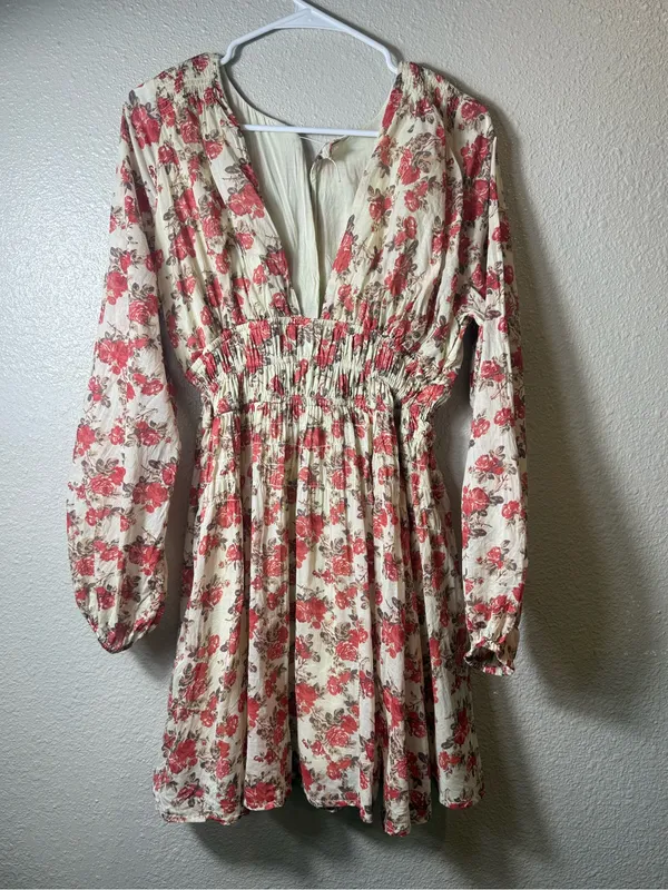 Free People "Keep You" Floral Long Sleeve Mini Dress‎ Smocked Waist Boho Size S - Image 2