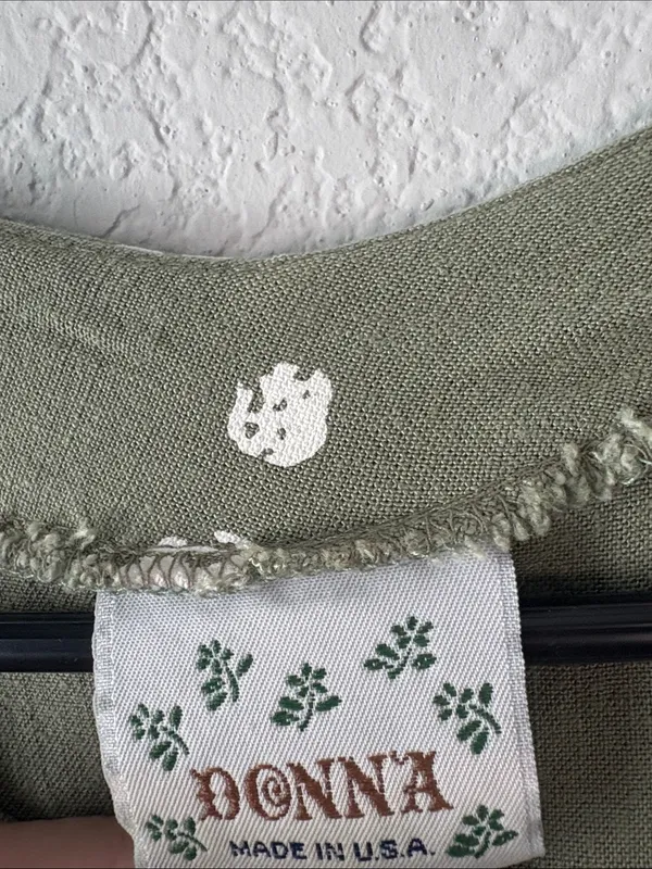 Vintage linen Olive Green Short Sleeve Dress with White Print & apron pockets L - Image 2