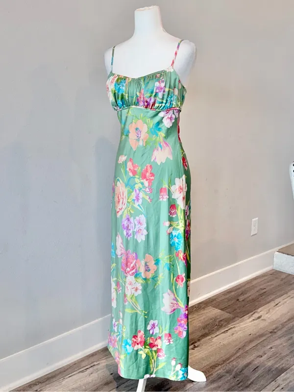 B Darlin Green Floral Satin Slip Midi Dress with Spaghetti Straps - Image 5