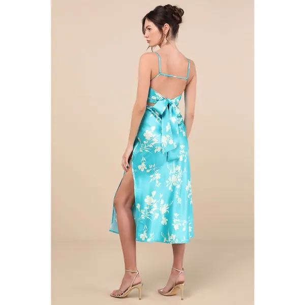 NWT Lulus Glamorous Efforts Aqua Floral Print Tie-Back Midi Dress Cruise Sz XS - Image 8