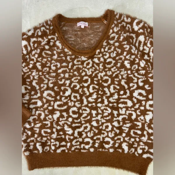 Pink Lily Brown and Cream Crew Neck Sweater with Geometric Pattern - Image 2