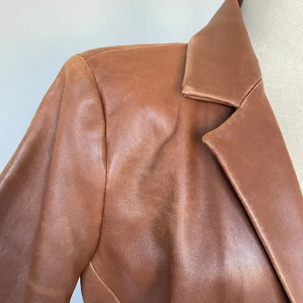 Jones New York Brown Leather Blazer Jacket Vintage Distressed Small - Image 6