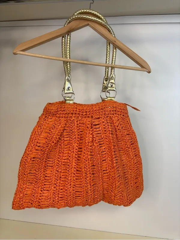 NWT Woven Orange Raffia Tote with Braided Gold Handles - Image 2