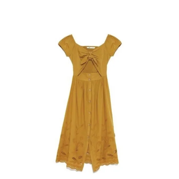 Zara Midi Dress Women’s Size Small Mustard Yellow‎ Smocked Embroidered tie front - Image 2