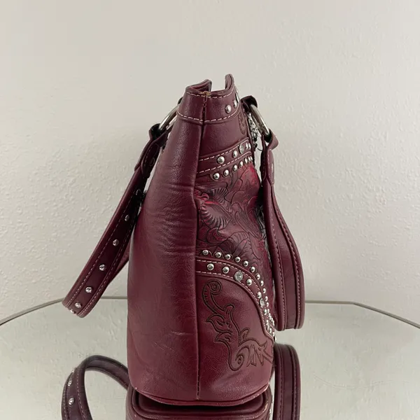 Y2K Red Burgundy Faux Tooled Leather Western Studded Shoulder Bag - Image 11