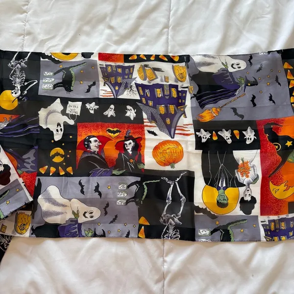 Vintage Halloween Scarf Witches Ghosts Vampires Haunted House 59x14 Holiday - Image 3