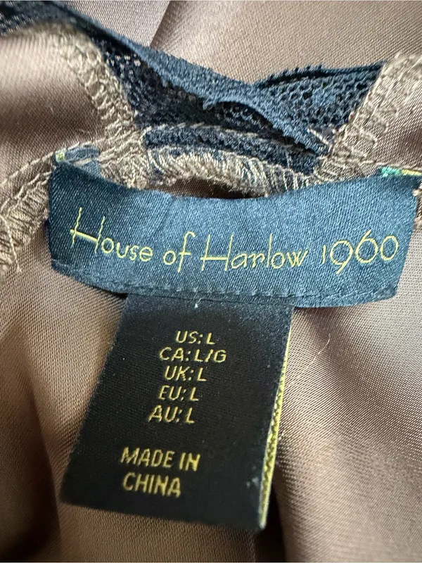 House Of Harlow 1960 Brown Satin Maxi Dress With Black Lace Trim size Large $198 - Image 10