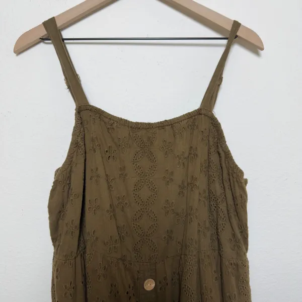 VTG Women Eyelet Maxi Dress XL Green Cotton Button Front Goblin Cottagecore Boho - Image 2