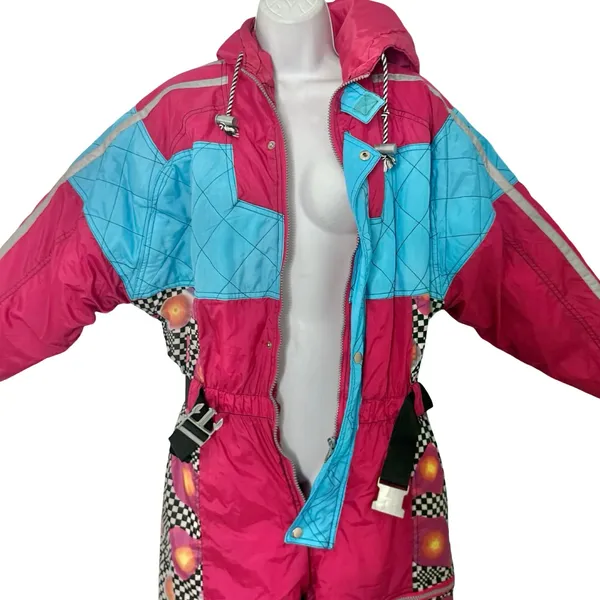 Vintage 90s Blue Pink Checkerboard Hooded Ski Suit One Piece Size S *GOOD* - Image 15