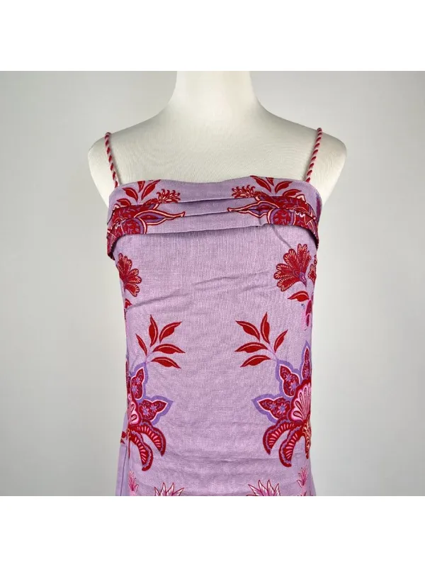 NWOT Linen Floral Tie Spaghetti Strap Pleated Layered Mini Dress Purple Size L - Image 3
