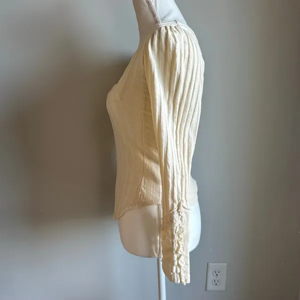 Free People Cottagecore Cream Ribbed Lacey Longsleeve Blouse Size Extra Small - Image 3