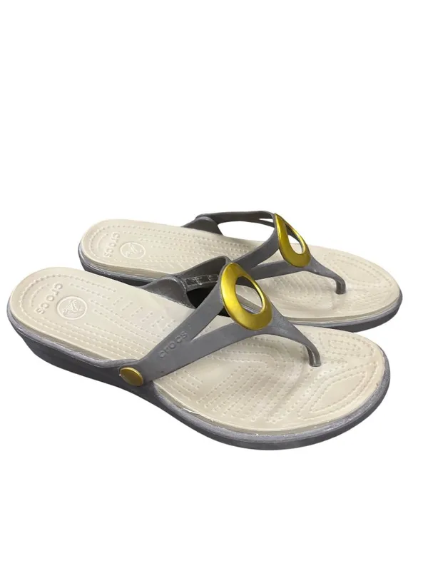Crocs wms gray faux leather gold ring peep toe sling sandals sz 9W SKU 10-278 - Image 13