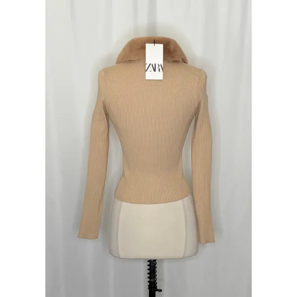 NWT!! ZARA Faux Fur Lapel Knit Sweater Tan‎ Light Brown Zipper Pullover Small - Image 8