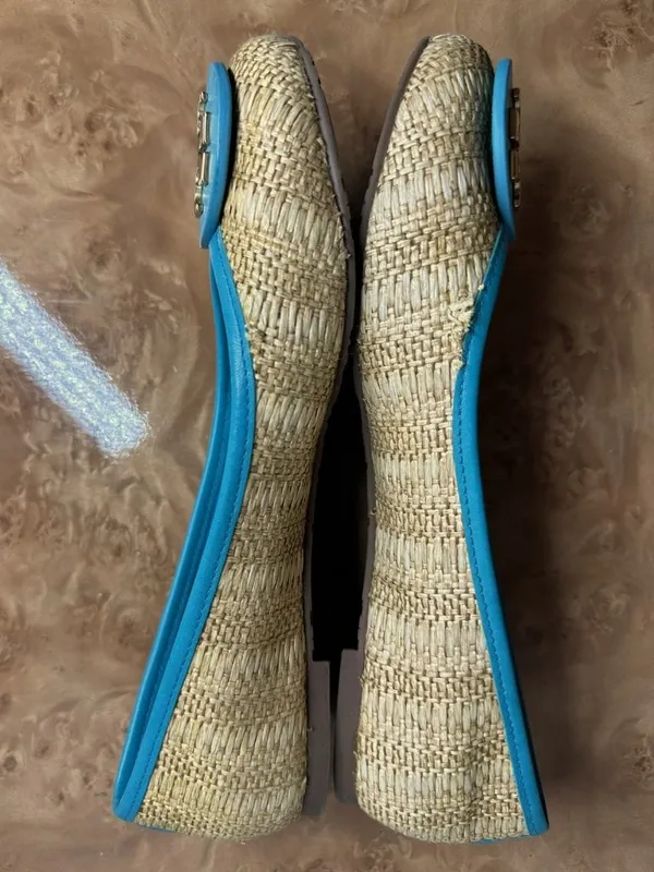 Tory Burch Reva Raffia Ballet Flats Blue Leather Trim Gold Logo Size 7M - Image 5