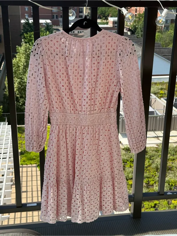 PRETTYGARDEN Eyelet Long-Sleeve Tiered Midi Dress in Light Pink - Image 2