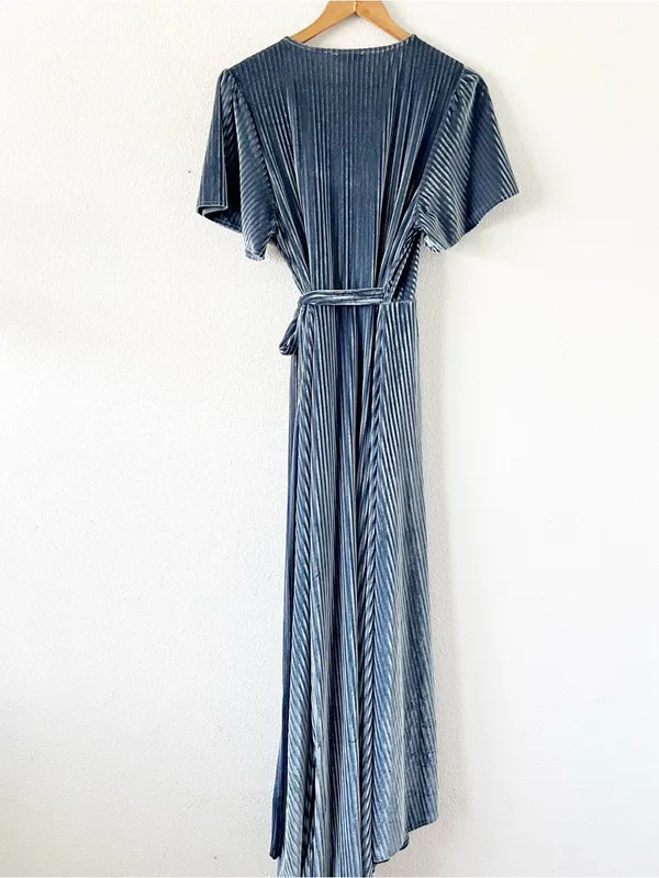Baltic Born Steel Blue Andi Ribbed Velvet Romantic Bridesmaid Wrap Maxi Dress - Image 8