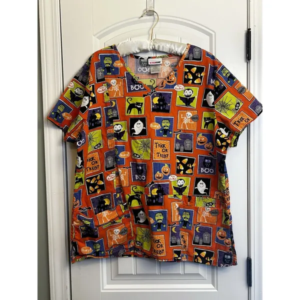 ScrubStar Halloween Scrub Top XL Ghost Pumpkin Black Cat Nurse Cotton Fun - Image 10