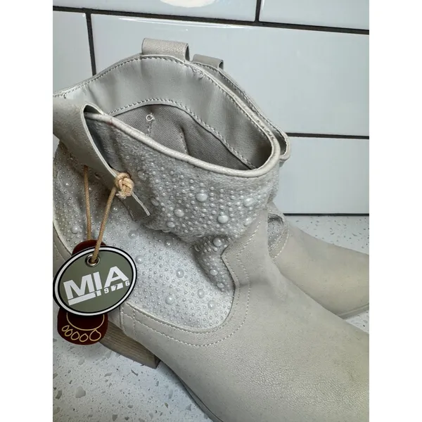 MIA Luanne Western Ankle Boots‎ Off-White Pearl Studded Pointed Toe Womens 7 - Image 8