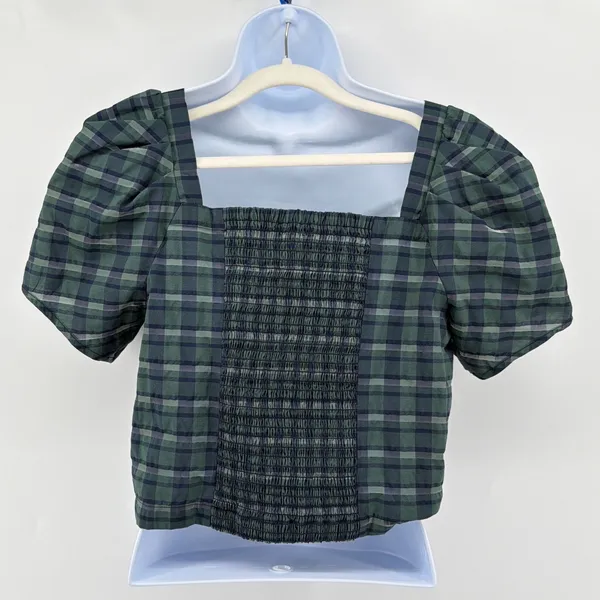 Madewell Hopewell Plaid Puff Sleeve Crop Top Smocked Square Neck Blouse Forest M - Image 6