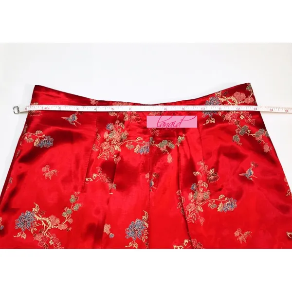 Chinese Oriental Asian Japanese Red Floral High-Rise Waist Shiny Sateen Slacks - Image 7