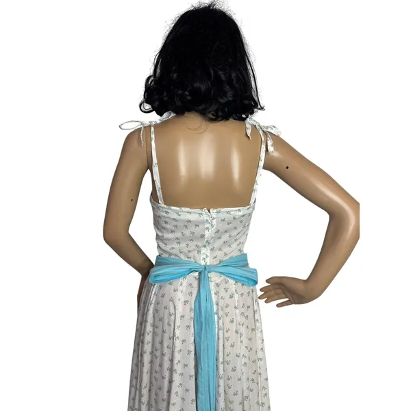 Vintage 1960s White Blue Floral Prairie Maxi Dress XS/S Talon Zip Circular - Image 8