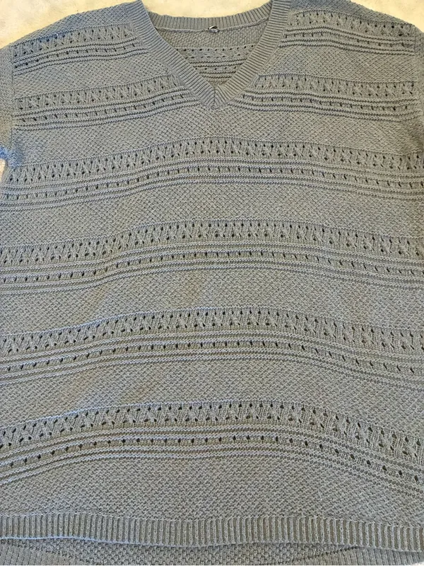 V-Neck Openwork 3/4 inch Sleeve Knit Sweater - Dusty Blue size X-LARGE - Image 2