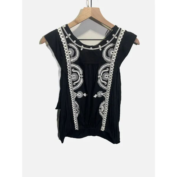 Free People Embroidered Top Womens XS Black‎ Boho Floral Cap Sleeve Blouse NEW - Image 3