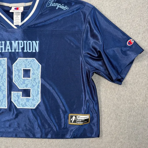 Champion New York 19 Cropped Football Jersey Top Women's Medium Blue Lace - Image 2