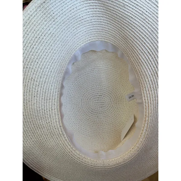 Nine West White Woven Straw Wide Brim Sun Hat with Brown Faux Leather Band Studs - Image 6