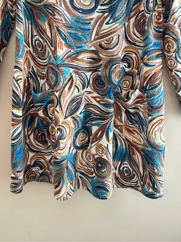 ARYEH‎ 60s/70s Inspired Boho Abstract Floral Print Long-Sleeve Knit Shift Dress - Image 3