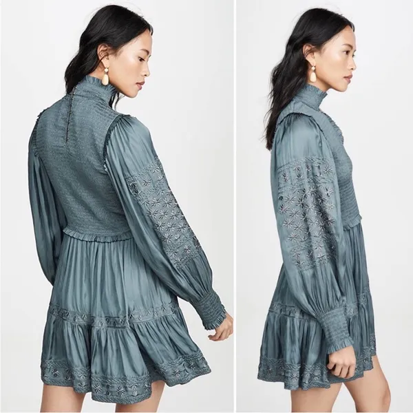 Ulla Johnson Blue Angelica Mock Neck Embroidered Smocked Mini Dress, Size 4 - Image 2