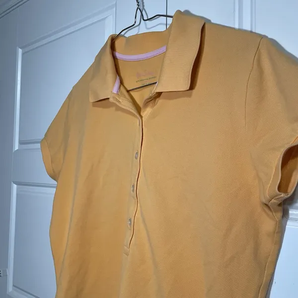 Lilly Pulitzer Polo Shirt Womens‎ Large Golf Casual Preppy Gold Pink Trim - Image 5