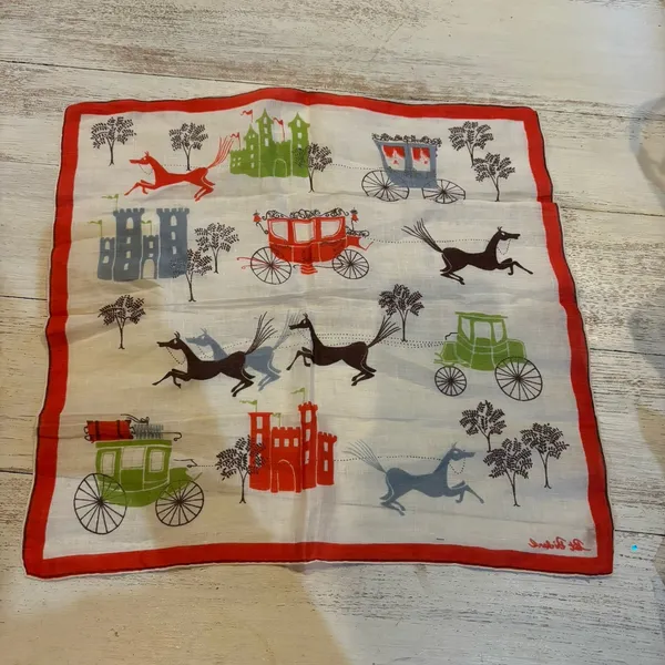 Kimball‎ Pat Prichard Designer Hanky Horses Carriages Castles Original Vintage - Image 2