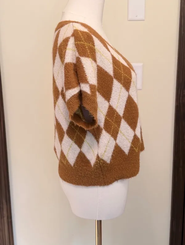 Free People argyle short sleeve v-neck relaxed fit sweater - Image 3