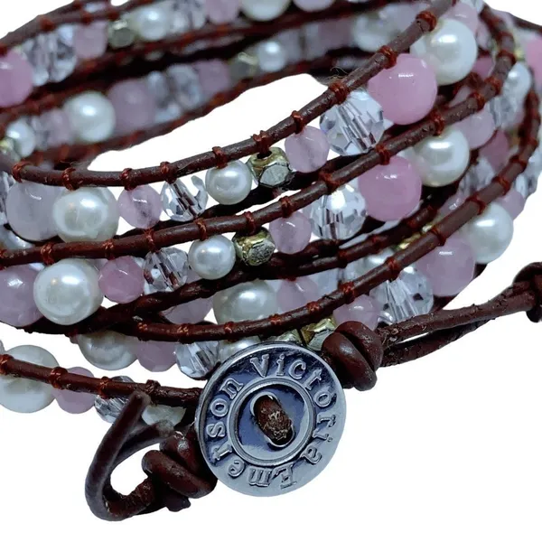 Victoria Emerson Brown Leather Wrap Bracelet With Pink Pearls - Image 2