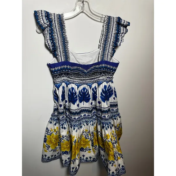 Farm Rio Blue White Tropical Floral Print Ruffle Mini Romper Size Small S - Image 3