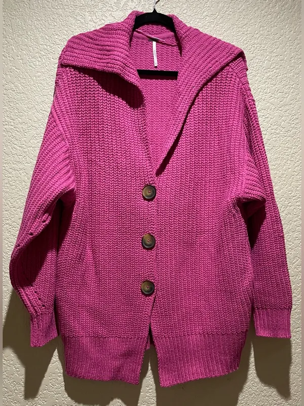 Free People Swim Too Deep Vibrant Fuchsia Ribbed Button Cardigan Size XS - Image 4