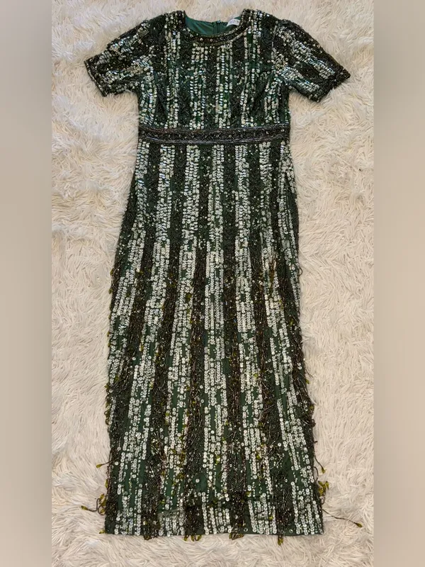 NEW MAC DUGGAL High Neck Short Sleeve Crystal Fringe Column Sage green Dress 10 - Image 5