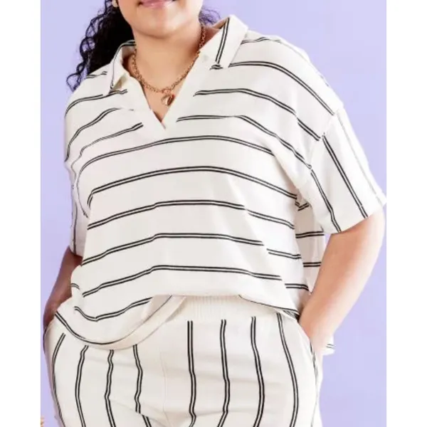 Thread & Supply Stripe Terry Popover Shirt Plus Size‎ White Black V-Neck 1X 1XL - Image 3