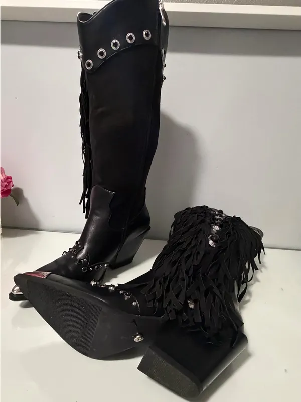 Black Fringed Western Knee-High Boots with Silver Accents - Image 2