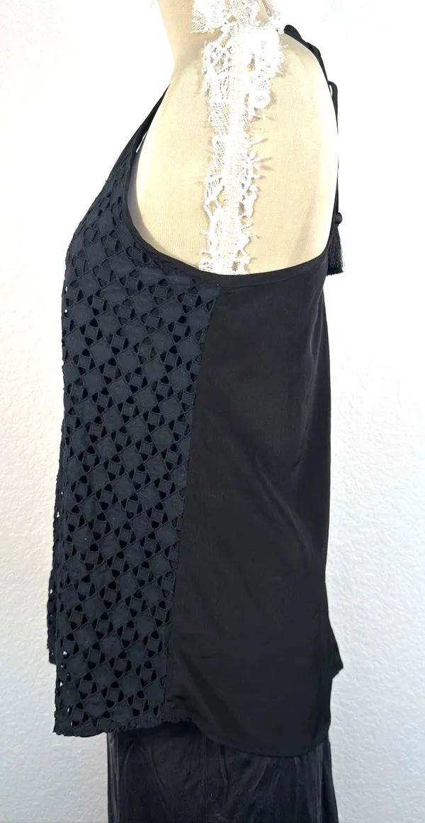 Athleta Dunes Eyelet Tank Top Women Small Black Tassel Tie Halter Boho Lace - Image 6