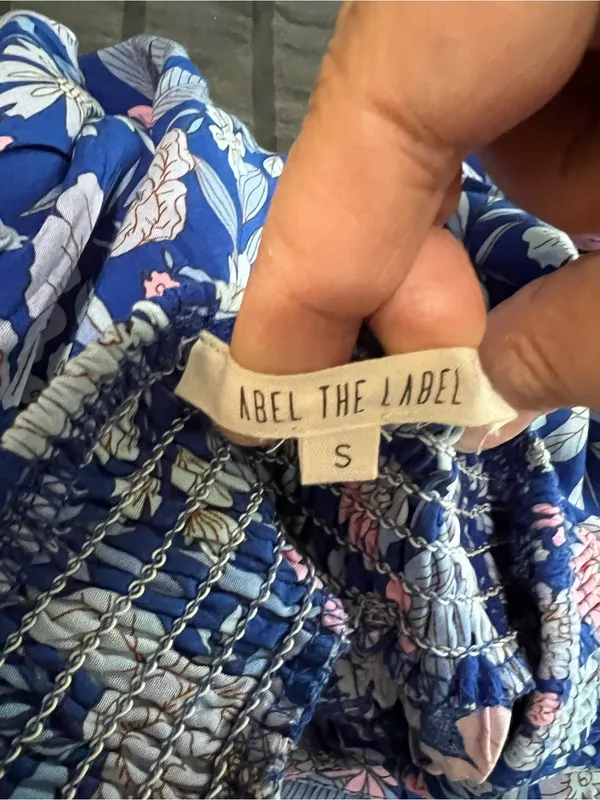 Abel The Label Blue Pink Floral Tie Back Bell Cottage Front Slit Maxi‎ Dress - Image 11