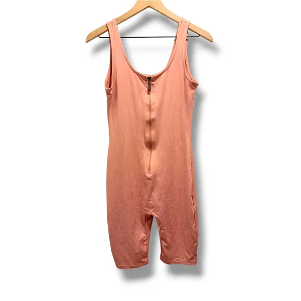 Pink Zip Front Biker Short Romper Workout Lounge Jumpsuit Size Large - Image 7